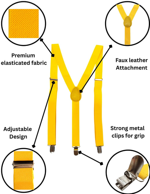 BookMyCostume Adjustable Elastic Y-Back Style Unisex Yellow Suspender for Adults – Fancy Dress Costume Accessory with Strong Metal Clips